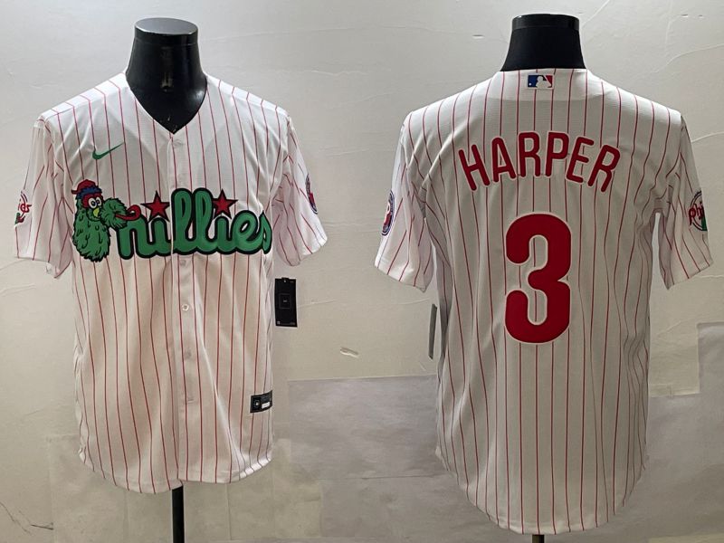 Men Philadelphia Phillies #3 Harper White Stripe Three generations Joint Name Game 2025 Nike MLB Jersey style 1->philadelphia phillies->MLB Jersey